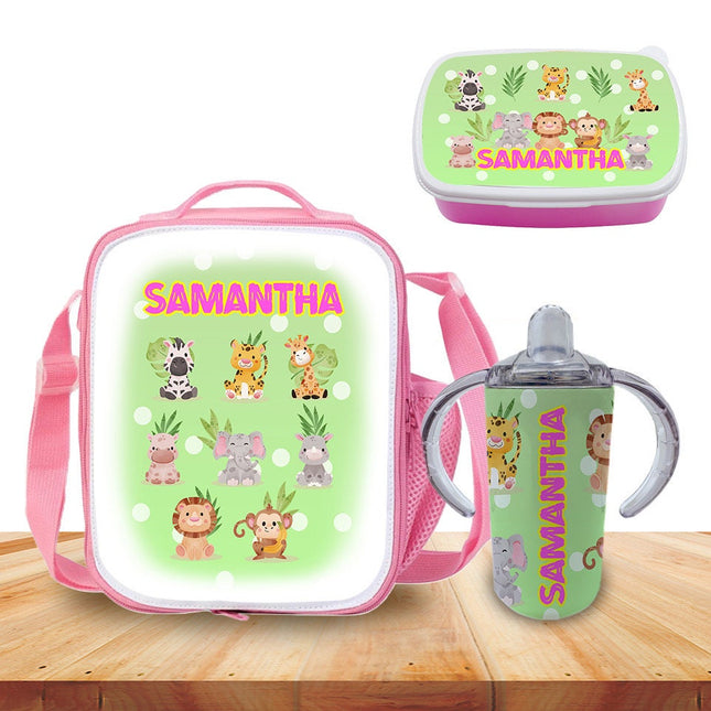 Custom School Kids Bundle Insulated Lunch Bag Snack Box Sippy Cup Bottle Personalized Toddler Set Jungle Baby Safari Animals