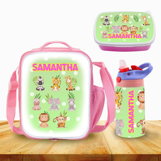 Custom School Kids Bundle Insulated Lunch Bag Snack Box Sippy Cup Bottle Personalized Toddler Set Jungle Baby Safari Animals