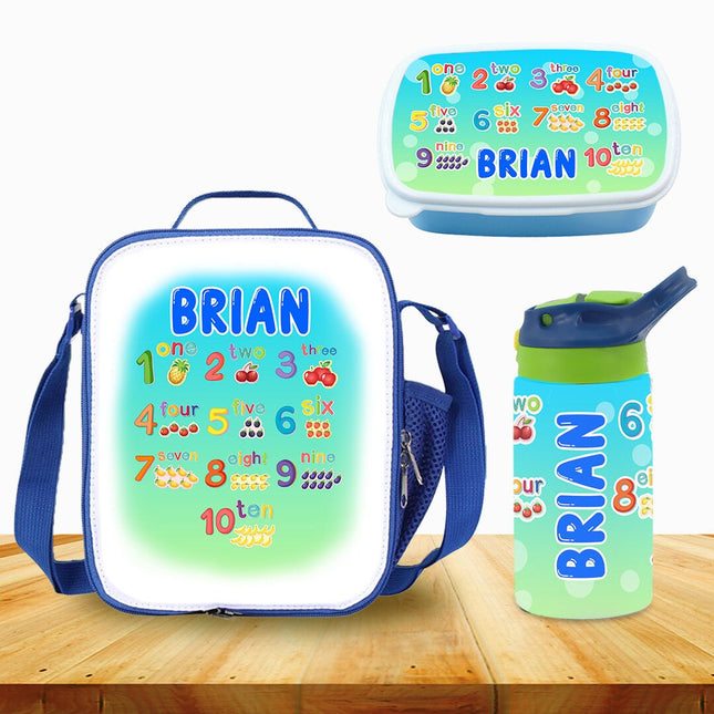 Custom School Kids Bundle Insulated Lunch Bag Snack Box Sippy Cup Bottle Personalized Toddler Set Count Numbers Kinder Math
