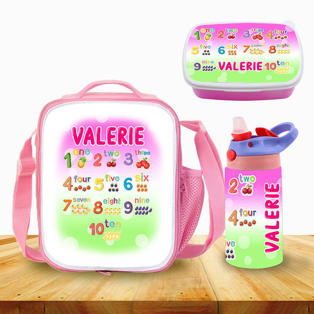 Custom School Kids Bundle Insulated Lunch Bag Snack Box Sippy Cup Bottle Personalized Toddler Set Count Numbers Kinder Math