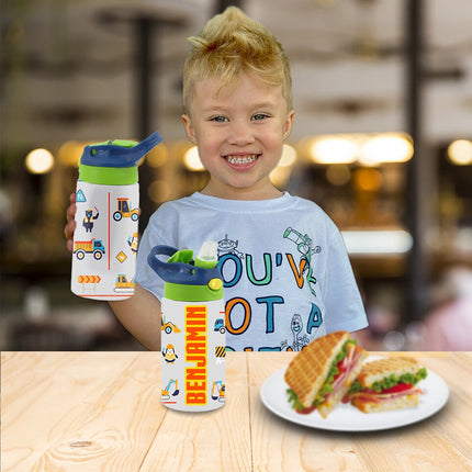 Custom School Kids Bundle Insulated Lunch Bag Snack Box Sippy Cup Bottle Personalized Toddler Set Construction Trucks