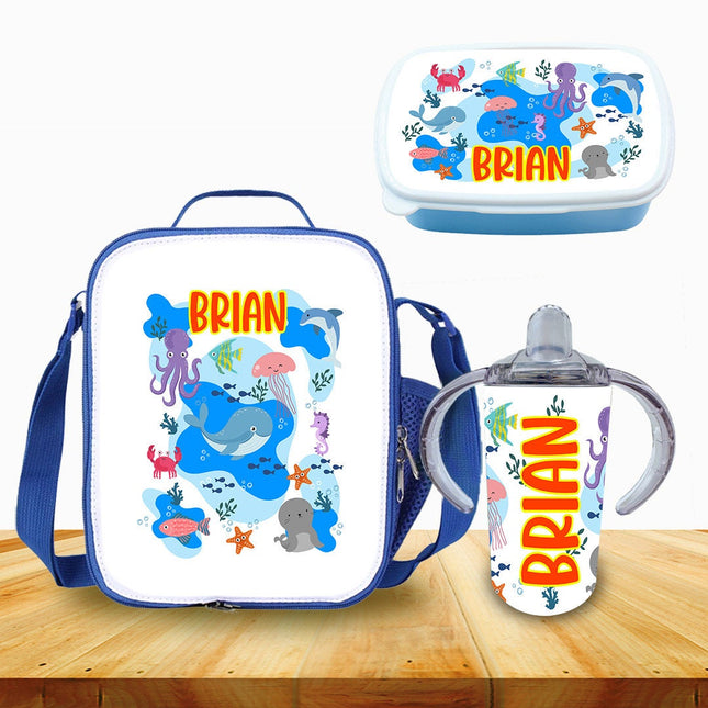 Custom School Kids Bundle Insulated Lunch Bag Snack Box Sippy Cup Bottle Personalized Toddler Set Under the Sea Ocean