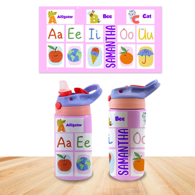 Custom Kids Water Bottle Personalized Toddler Insulated Tumbler 12oz ABC Vowels