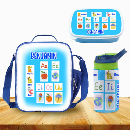 Custom Kids Lunch Bag with Strap Personalized School Insulated Picnic Box ABC Vowels