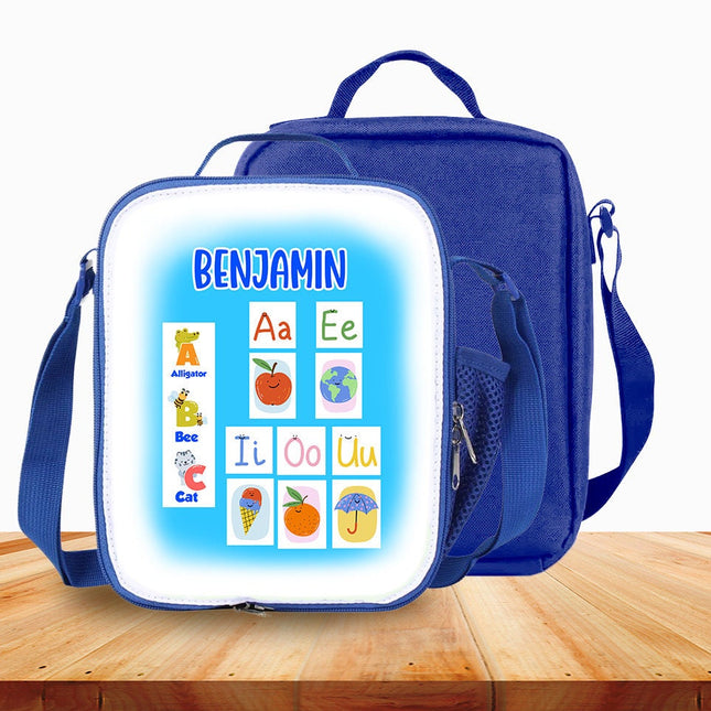 Custom Kids Lunch Bag with Strap Personalized School Insulated Picnic Box ABC Vowels