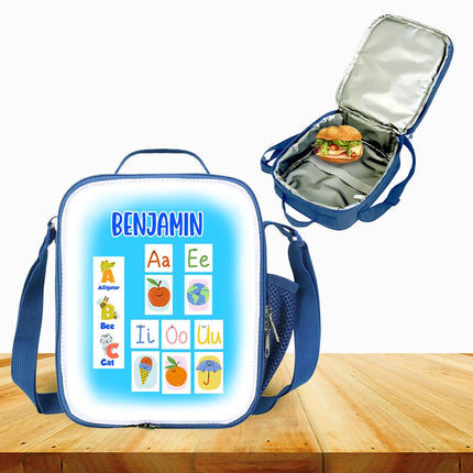 Custom Kids Lunch Bag with Strap Personalized School Insulated Picnic Box ABC Vowels