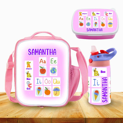 Custom Kids Lunch Bag with Strap Personalized School Insulated Picnic Box ABC Vowels
