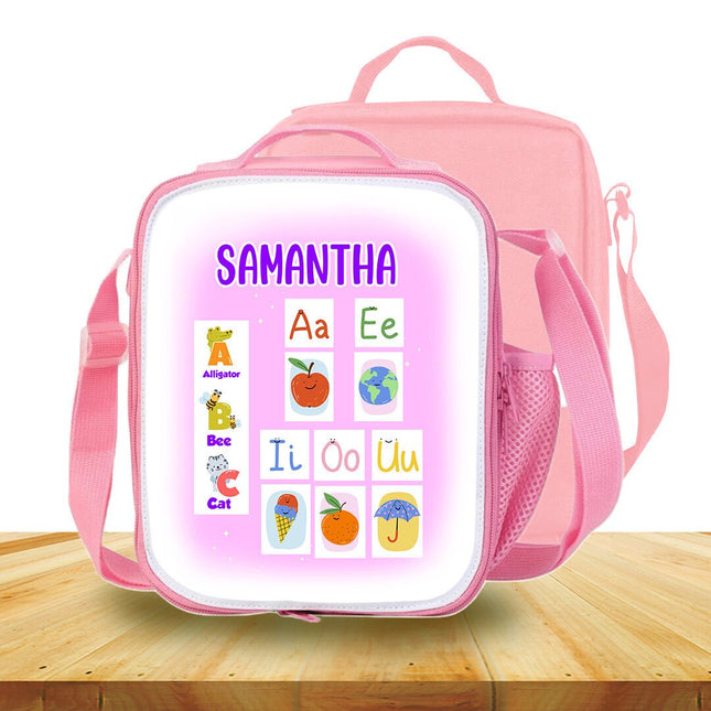 Custom Kids Lunch Bag with Strap Personalized School Insulated Picnic Box ABC Vowels