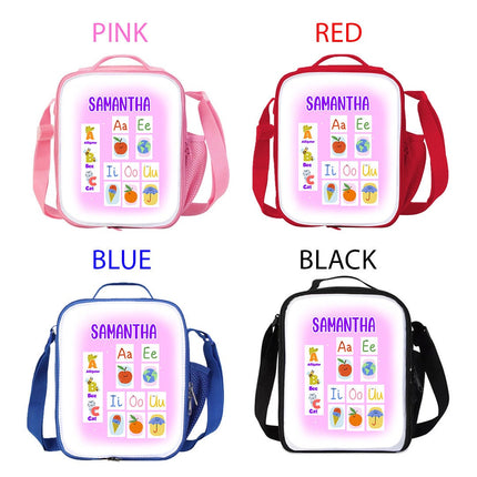 Custom Kids Lunch Bag with Strap Personalized School Insulated Picnic Box ABC Vowels
