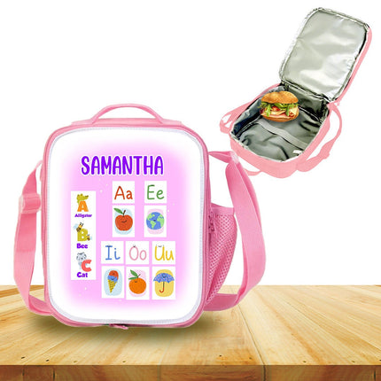 Custom Kids Lunch Bag with Strap Personalized School Insulated Picnic Box ABC Vowels