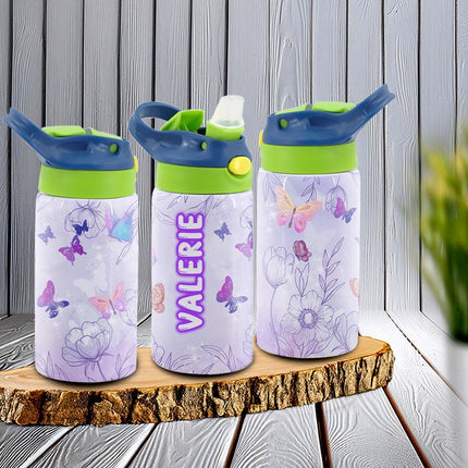 Custom Kids Water Bottle Personalized Toddler Insulated Tumbler 12oz Butterfly Flowers