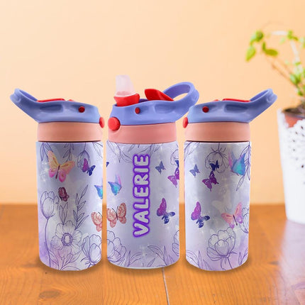 Custom Kids Water Bottle Personalized Toddler Insulated Tumbler 12oz Butterfly Flowers