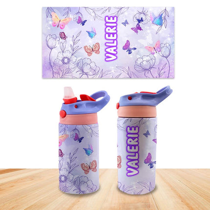 Custom Kids Water Bottle Personalized Toddler Insulated Tumbler 12oz Butterfly Flowers