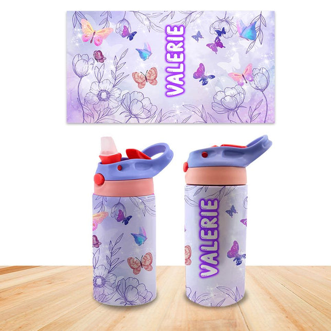 Custom Kids Water Bottle Personalized Toddler Insulated Tumbler 12oz Butterfly Flowers