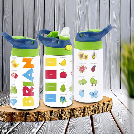 Custom Kids Water Bottle Personalized Toddler Insulated Tumbler 12oz Learning Colors