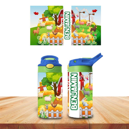 Custom Kids Water Bottle Personalized Toddler Insulated Tumbler 12oz Farm Barn Animals