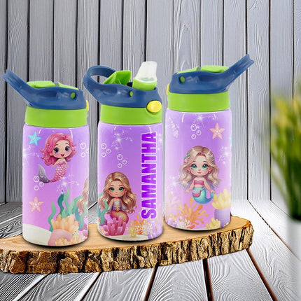 Custom Kids Water Bottle Personalized Toddler Insulated Tumbler 12oz Mermaids Under the Sea