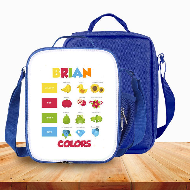 Custom Kids Lunch Bag with Strap Personalized School Insulated Picnic Box Learning Colors