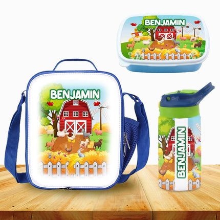 Custom Kids Lunch Bag with Strap Personalized School Insulated Picnic Box Farm Barn Animals