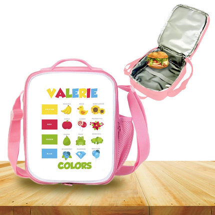 Custom Kids Lunch Bag with Strap Personalized School Insulated Picnic Box Learning Colors
