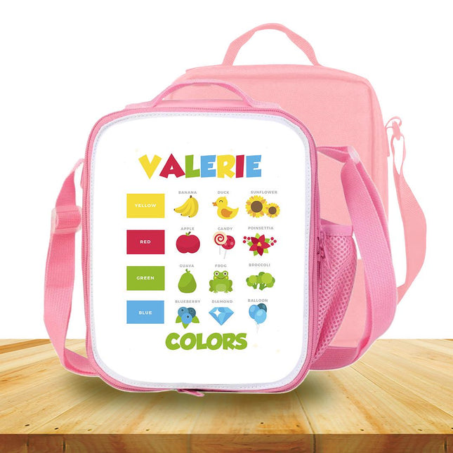 Custom Kids Lunch Bag with Strap Personalized School Insulated Picnic Box Learning Colors