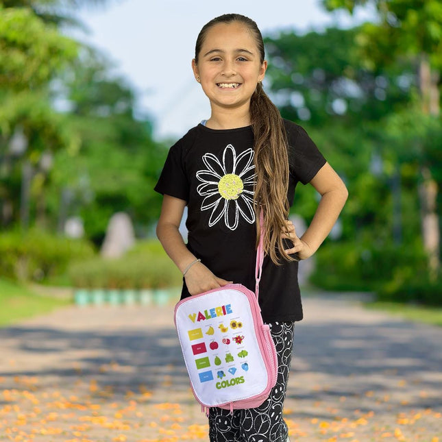 Custom Kids Lunch Bag with Strap Personalized School Insulated Picnic Box Learning Colors