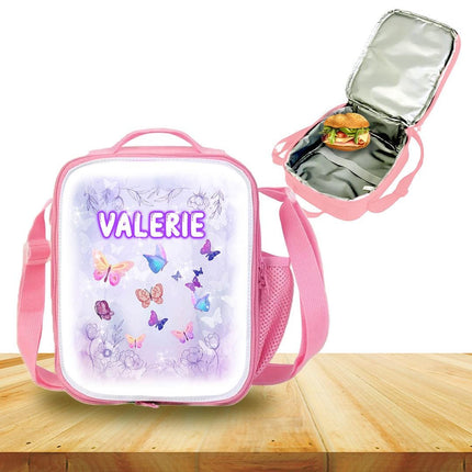 Custom Kids Lunch Bag with Strap Personalized School Insulated Picnic Box Butterfly Flowers