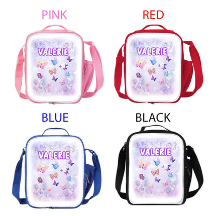 Custom Kids Lunch Bag with Strap Personalized School Insulated Picnic Box Butterfly Flowers