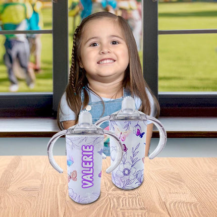 Custom Kids Sippy Cup Personalized Toddler Insulated Tumbler 12oz Bottle Butterfly Flowers