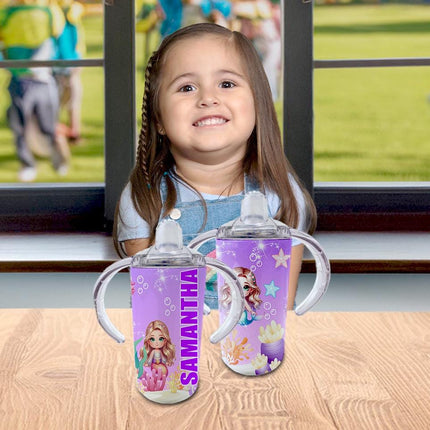 Custom Kids Sippy Cup Personalized Toddler Insulated Tumbler 12oz Bottle Mermaids Under the Sea