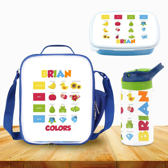 Custom School Kids Bundle Insulated Lunch Bag Snack Box Sippy Cup Bottle Personalized Toddler Set Learning Colors Kinder