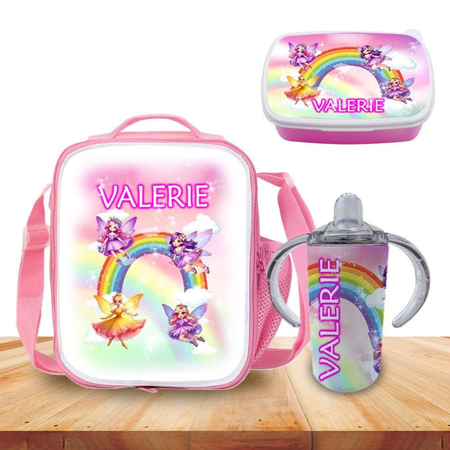 Custom School Kids Bundle Insulated Lunch Bag Snack Box Sippy Cup Bottle Personalized Toddler Set Fairy Pixie Dust