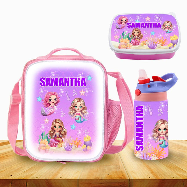 Custom School Kids Bundle Insulated Lunch Bag Snack Box Sippy Cup Bottle Personalized Toddler Set Mermaids Under the Sea