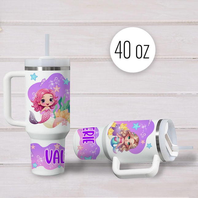 Custom Kids Tumbler 40oz Personalized Name Insulated Bottle Water Mermaids