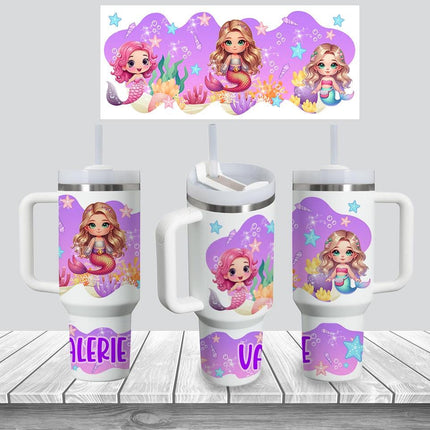 Custom Kids Tumbler 40oz Personalized Name Insulated Bottle Water Mermaids