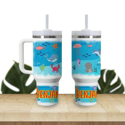 Custom Kids Tumbler 40oz Personalized Name Insulated Bottle Water Ocean Theme