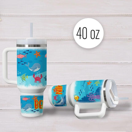 Custom Kids Tumbler 40oz Personalized Name Insulated Bottle Water Ocean Theme