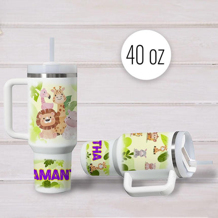 Custom Kids Tumbler 40oz Personalized Name Insulated Bottle Water Safari Theme Purple
