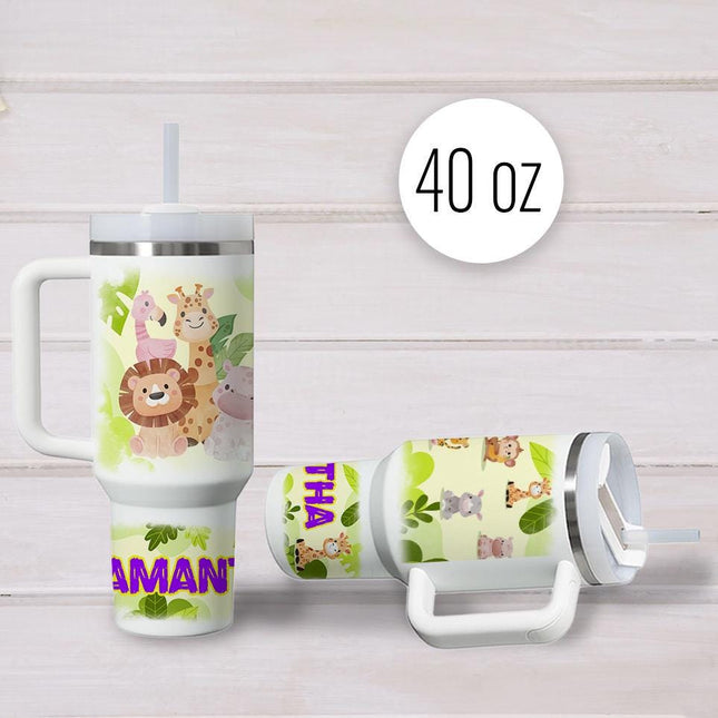 Custom Kids Tumbler 40oz Personalized Name Insulated Bottle Water Safari Theme Purple