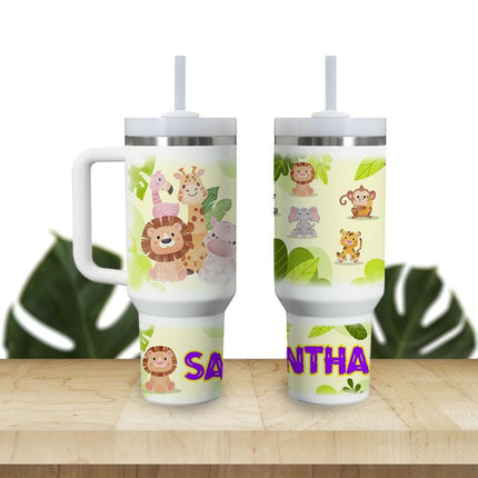 Custom Kids Tumbler 40oz Personalized Name Insulated Bottle Water Safari Theme Purple