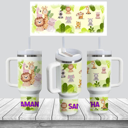 Custom Kids Tumbler 40oz Personalized Name Insulated Bottle Water Safari Theme Purple