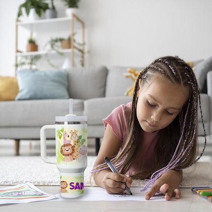 Custom Kids Tumbler 40oz Personalized Name Insulated Bottle Water Safari Theme Purple