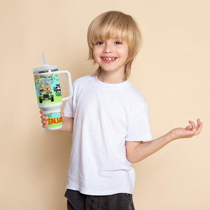 Custom Kids Tumbler 40oz Personalized Name Insulated Bottle Water Safari Theme Orange