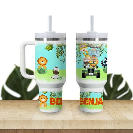 Custom Kids Tumbler 40oz Personalized Name Insulated Bottle Water Safari Theme Orange