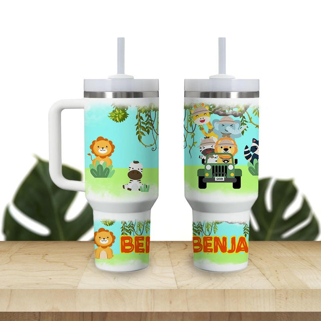 Custom Kids Tumbler 40oz Personalized Name Insulated Bottle Water Safari Theme Orange