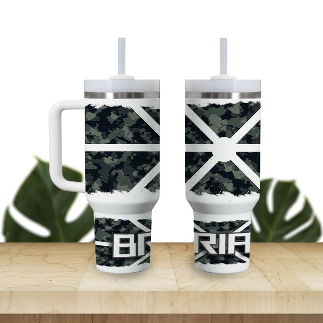Custom Tumbler 40oz Personalized Name Insulated Bottle Water Gray and Black Camouflage