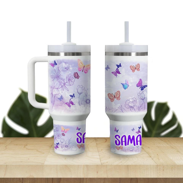 Custom Kids Tumbler 40oz Personalized Name Insulated Bottle Water Butterflies and Flowers
