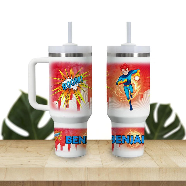 Custom Kids Tumbler 40oz Personalized Name Insulated Bottle Water Superhero 1