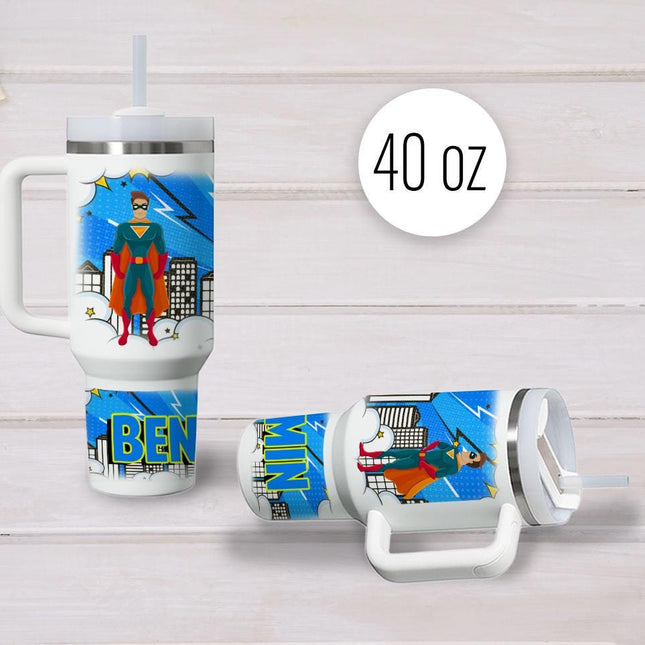 Custom Kids Tumbler 40oz Personalized Name Insulated Bottle Water Superhero 4