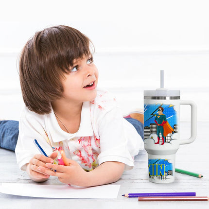 Custom Kids Tumbler 40oz Personalized Name Insulated Bottle Water Superhero 4